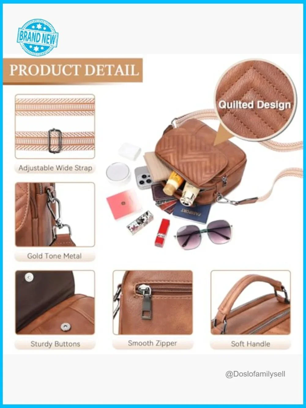 Quilted Vegan Leather Crossbody Bag with Wide Strap and Top Handle